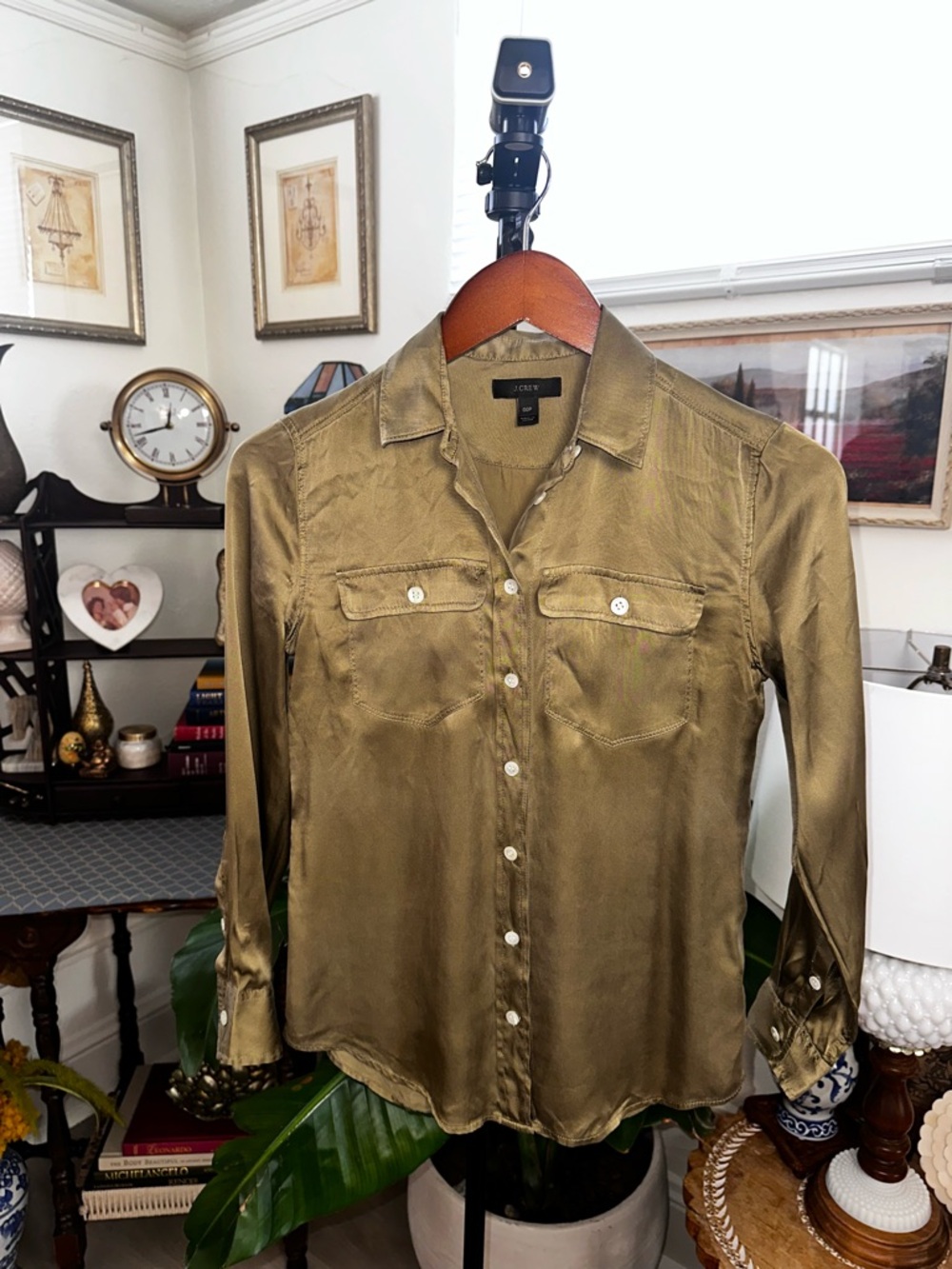 J. Crew Olive Green Silk Button-Down Shirt